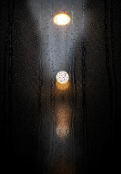 Rainy Night Reflections Capturing the Urban Glow Through a Window of Water Droplets creating abstract patterns and a melancholic atmospheric mood with bokeh lights photo