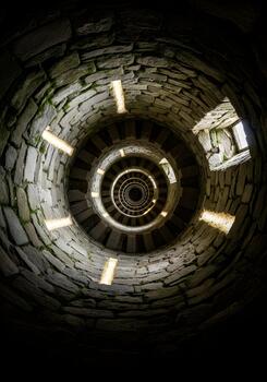 Descending into Architectural Mystery A Spiral Staircase of Stone and Light Beckons with Ancient Charm Creating a Captivating and Timeless Visual Journey photo