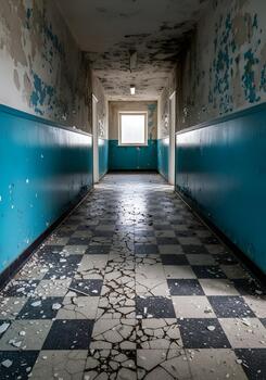 Dilapidated hallway in an abandoned building showcasing peeling paint and damaged tile floor with a window at the end creating a haunting scene photo