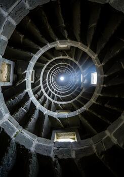 Intricate Stone Spiral Staircase with Natural Light Streaming Through Windows Creating Circular Patterns a Visual Representation of Ascent and Architectural Grandeur photo