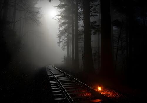 Mysterious foggy forest with railway tracks and glowing lantern creating a dramatic mood showcasing darkness and light exploring the unknown in nature photo