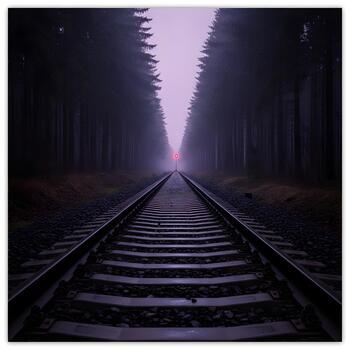 Mysterious Railroad Tracks Stretching Through a Dense Forest with Eerie Fog and a Distant Red Light Emitting a Sense of Foreboding and Isolation under a Pale Sky photo