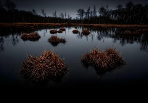 Mystical bog landscape with dark waters reflecting bare trees and tufts of brown grass creating a tranquil and moody scene perfect for nature photography and atmospheric backgrounds photo