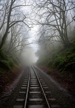 Mystical journey along railway tracks through foggy forest landscape with bare trees and lush green ferns creating an ethereal and atmospheric scene photo