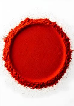 Vibrant circle of vivid red powder pigment isolated on white background showcasing texture and color intensity for creative design projects and use in various art related industries photo