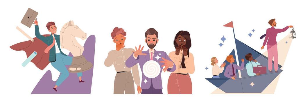 líder líder equipo a futuro dirigente y navegando con linterna en barco y cristal pelota conjunto vector