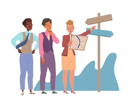 Woman Leader Leading Team to Future Directing and Navigating with Map Illustration vector