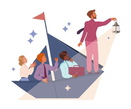 Leader Leading Team to Future Directing and Navigating with Lantern on Boat Illustration vector