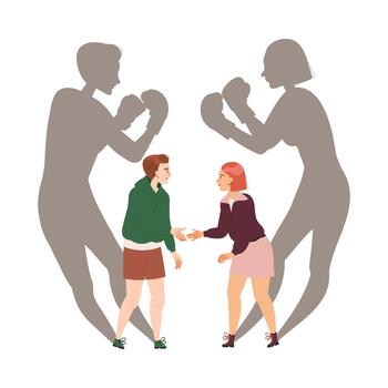 Man and Woman Characters Handshaking with Their Shadows Boxing Having Connections with Each Other Engaged in Social Interaction Illustration vector