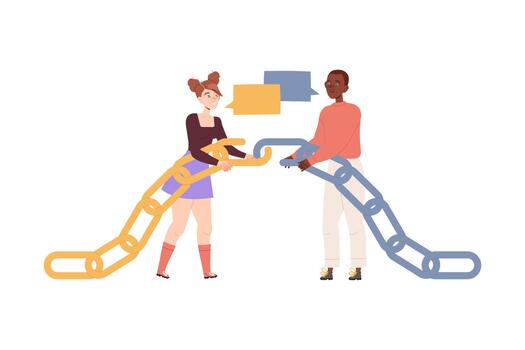Man and Woman Characters Joining Chain Part Having Connections with Each Other Engaged in Social Interaction Illustration vector