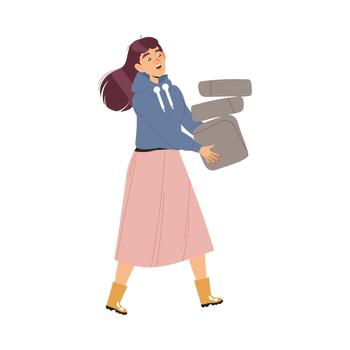 Woman Character Carrying Heavy Stone Block for Building Bridge Having Connection with Somebody Engaged in Social Interaction Illustration vector