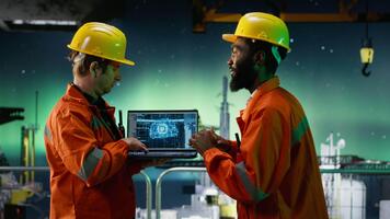 offshore ingenjörer använda sig av ai maskin inlärning verktyg på bärbar dator för borrning rigg operationer, artificiell intelligens till Stöd säker olja och gas extraktion aktivitet från de hav ekosystem. kamera b. video