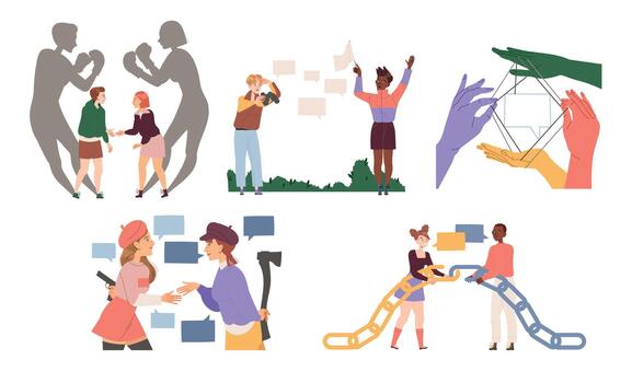 People Characters Having Connections with Each Other Engaged in Social Interaction Set vector