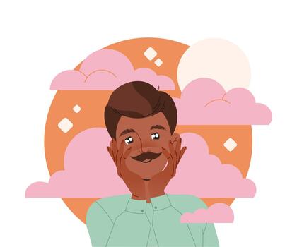 Happy Moustached Man Character with His Head in Clouds Having Fancy Imagination Illustration vector