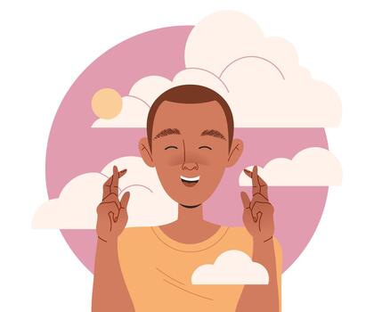 Happy Man Character with Crossed Fingers and His Head in Clouds Having Fancy Imagination Illustration vector