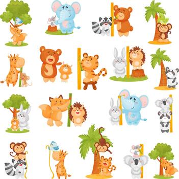 Funny Animals Measuring and Comparing Heights with Meter and Tree Big Set vector
