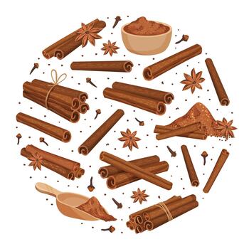Cinnamon Round Composition Design with Aromatic Spice Sticks and Powder Template vector