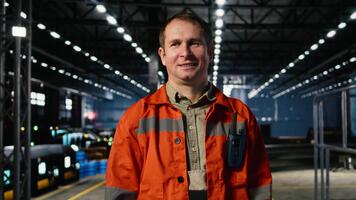 Portrait of factory engineer monitors automation tools in a production plant, mechanical craftsmanship and manpower in industrial environment with heavy construction activity. Camera A. video