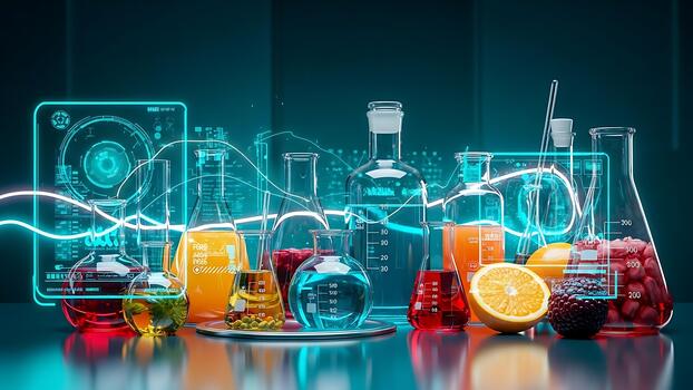 Futuristic Science Lab with Colorful Liquids, Fruits, and Data Display photo