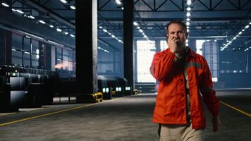 tekniker använder sig av walkie prat under jobb uppdrag i tillverkning anläggningen, som visar de grundläggande kommunikation nödvändig till klara av verktyg och maskineri. svetsning drift. kamera a. video