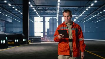 inspektör övervakar maskineri drift i en lager använder sig av läsplatta till samordna produktion, som visar stark arbetskraft, teknik disciplin och industriell prestanda. kamera a. video