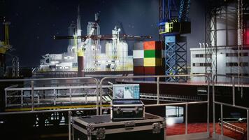 bärbar dator skärm visar visualisering och övervakning programvara på tömma offshore plattform, möjliggör mekanisk systemet kalibrering och prediktiv underhåll för industriell operationer. kamera a. video