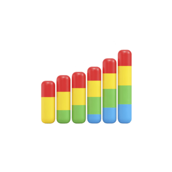Colorful 3D bar chart with six vertical columns in red, yellow, green, and blue, representing data growth or progress, isolated on transparent background, modern and playful style png