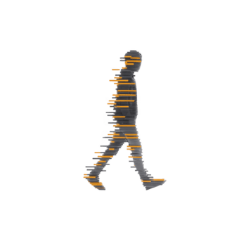 silhouette di a piedi uomo con digitale problema tecnico effetto, arancia e grigio Linee creare moderno, astratto, e futuristico stile, isolato su trasparente sfondo png