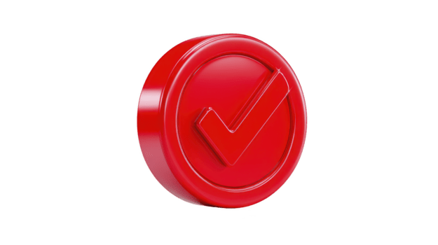 Red check mark icon, 3D style, isolated on transparent background, symbolizing approval, confirmation, or success, with glossy finish and modern design png