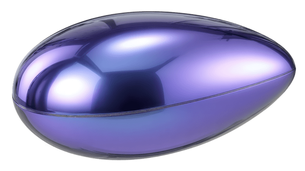 Shiny purple egg shaped object with smooth metallic surface, reflecting light, futuristic design, isolated on transparency background, modern and minimalistic style png