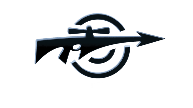 Rifle silhouette with scope and arrow overlaying target symbol, representing precision shooting or marksmanship, in modern, minimalistic black and gray style png