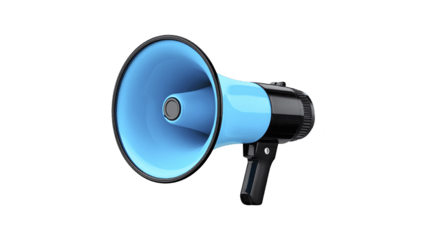 blu megafono altoparlante comunicazione annuncio mettere in guardia pubblico indirizzo plastica nero maniglia isolato trasparenza sfondo 3d rendere moderno tecnologia suono attrezzatura attrezzo dispositivo oggetto png