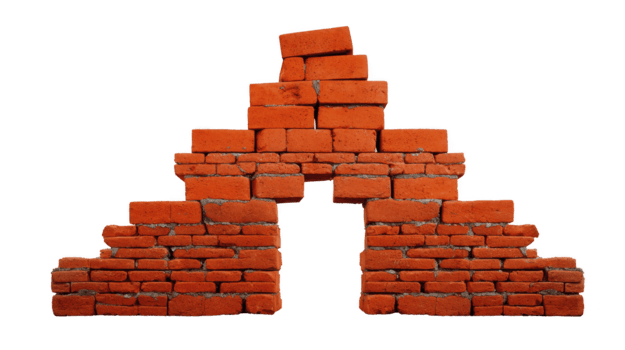 rojo ladrillo pared con triangular forma, áspero textura, y central arco, aislado en transparente fondo, simbolizando construcción, arquitectura, y rústico diseño png