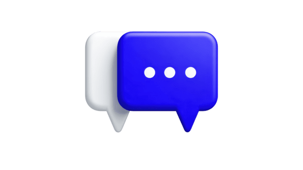Blue chat bubble icon with three white dots, symbolizing online messaging, communication, and conversation, isolated on transparent background, modern 3D style, digital concept png