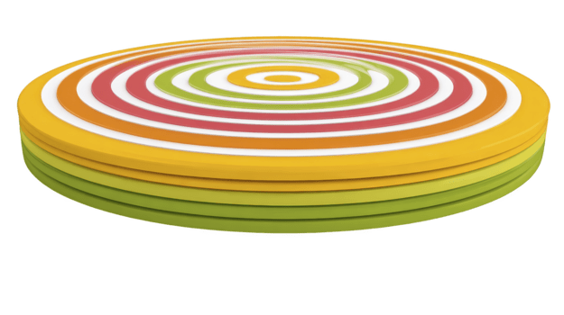 Colorful round layered object with concentric circles in yellow, green, orange, and white, resembling playful abstract design, isolated on transparency background, cheerful and vibrant png