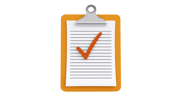 appunti con foderato carta e grande arancia dai un'occhiata marchio, simboleggiante completato compito, approvazione, o lista di controllo, isolato su trasparenza sfondo, veicolare senso di realizzazione e organizzazione png