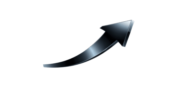 Curved black arrow glossy metallic style points upward right symbolizing growth progress success and positive direction isolated on transparent background modern and dynamic png