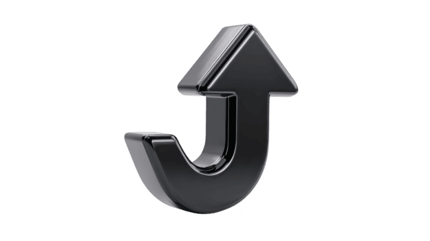 Curved black arrow pointing upward, glossy 3D style, isolated on transparency background, symbolizing direction, progress, or upload with modern and dynamic feel png