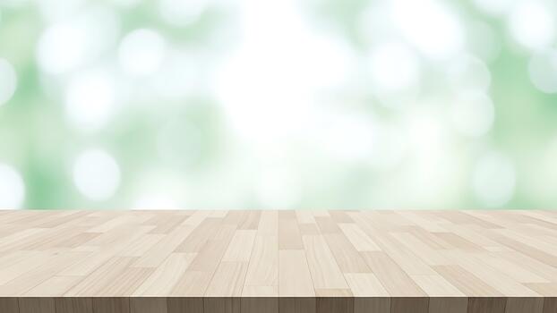 Light Wood Tabletop Surface with Soft Green Bokeh Background, Product Display photo