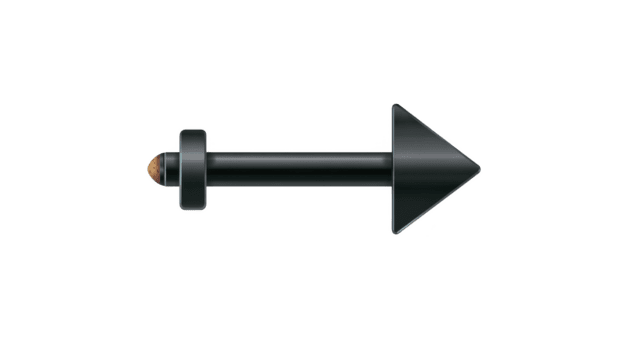 Black metal arrow bolt with pointed triangular tip and round flat end, isolated on transparent background, industrial style, simple and modern design, suitable for navigation or direction concepts png