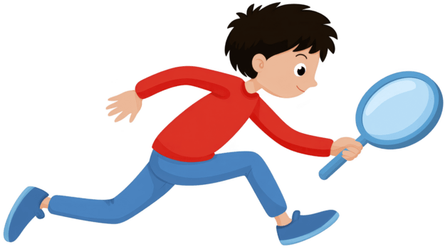 Curious boy running with magnifying glass, searching and exploring with excitement, cartoon style, isolated on transparent background png