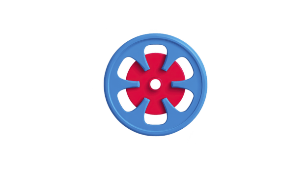 Blue plastic wheel with red hub circular shape isolated on transparency background toy part simple design vibrant color playful lightweight durable mechanical component png
