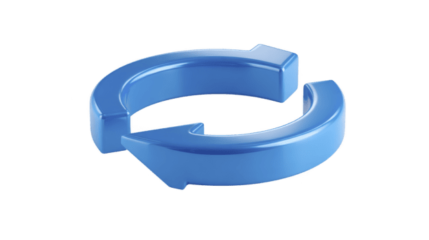 Blue 3D refresh arrow icon, circular loop symbol, isolated on transparent background, modern design, technology concept, glossy finish, digital interface element png