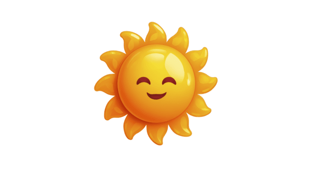 Smiling sun emoji with cheerful face, bright yellow rays, and happy expression, symbolizing warmth, positivity, and good weather, isolated on transparent background png
