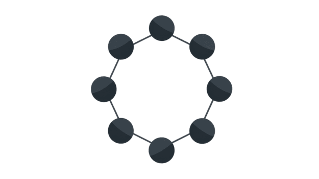 Eight dark gray circles connected in ring, forming simple geometric network pattern, minimalistic and modern, suitable for technology or science concepts png