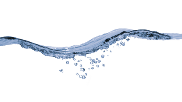 Water splash wave with clear liquid and floating droplets, isolated on transparent background, symbolizing freshness, purity, and clean nature, perfect for concepts of hydration and fluid motion png