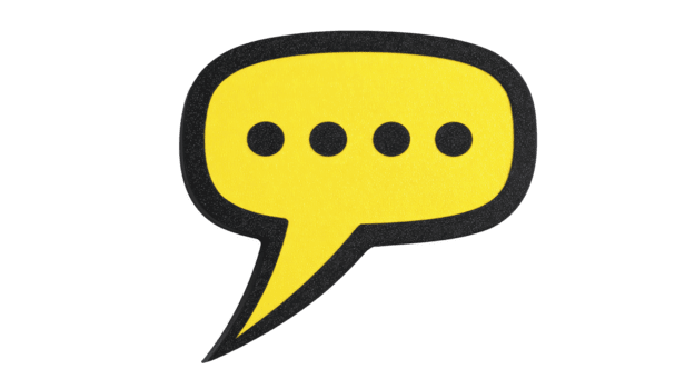 Yellow speech bubble with four black dots, isolated on transparent background, symbolizing communication, conversation, or messaging in playful and modern style png