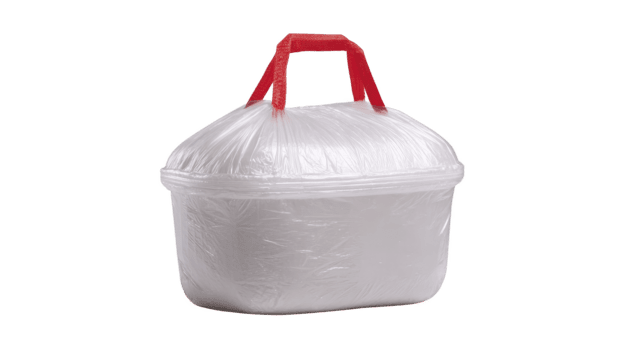 Plastic food container with transparent lid and red handle, isolated on transparency background, commonly used for takeaway meals, convenient and practical for food storage and transport png