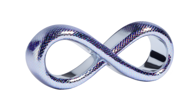 Shiny metallic infinity symbol with reflective, iridescent surface, isolated on transparency background, modern abstract design, symbolizing eternity, endlessness, and continuity png