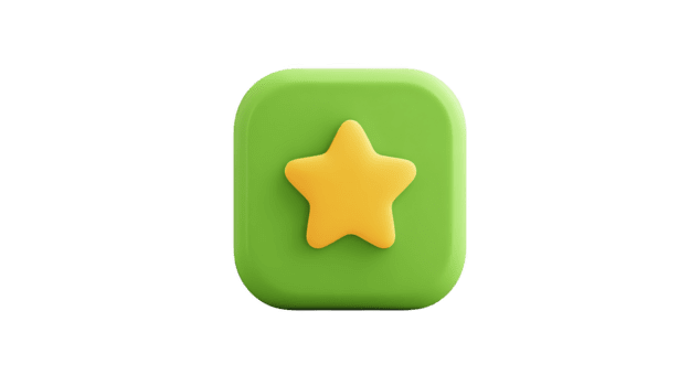 Green square icon with rounded corners featuring yellow star in center, 3D cartoon style, playful and cheerful design for app interface or rating system png